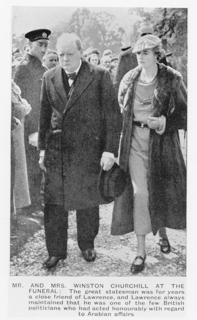 Sir Winston Churchill (1874-1965) and his wife, Clementine Ogilvy, at the funeral of T. E Lawrence (1888-1935) by English Photographer